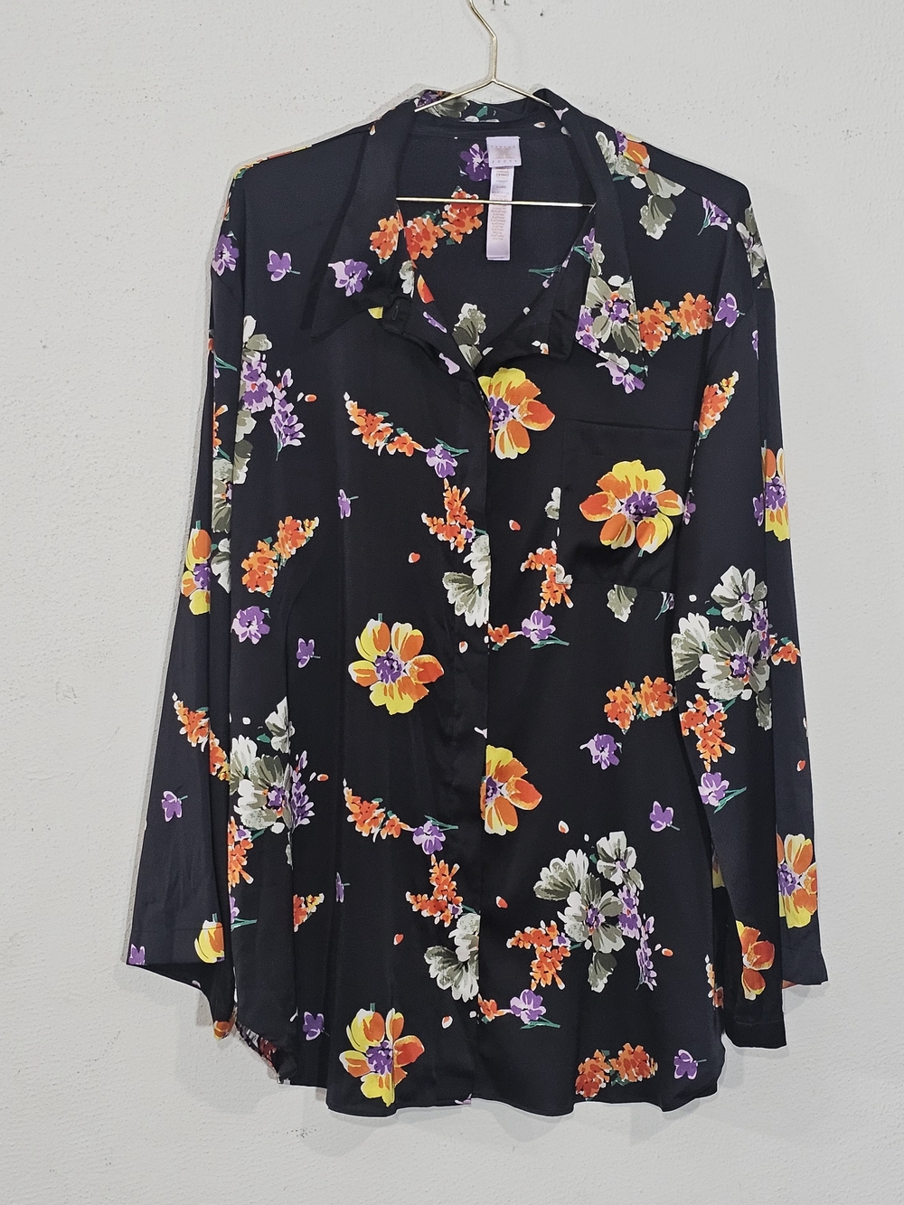 Savage‎ X Fenty Black Floral Button-Down Shirt with Yellow & Purple Flowers